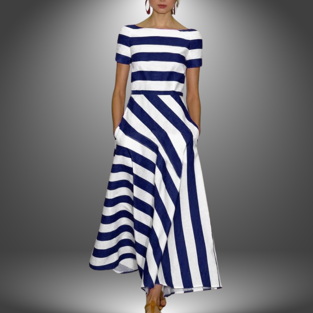 Lyric - Elegant Short-Sleeved Stripes Pocket Dress