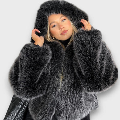 Leyana | Oversized Faux Fur JacketWith Hood In Smoke Gray