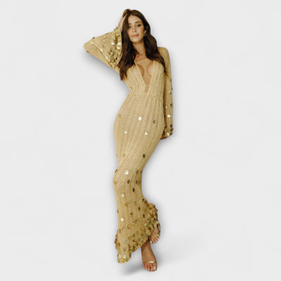 Kathleen - Gold Knit Maxi Dress by Dolly