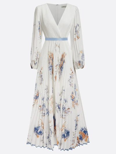 Halston - Elegant V-Neck Puff Sleeves Maxi Dress