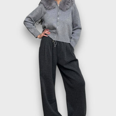 Alisanne – Knit JacketWith Zipper And Faux Fur Collar