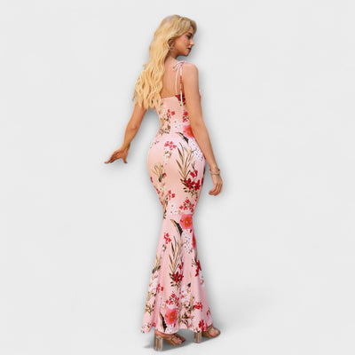 Thalia - Floral Print Prom Dress with Tied Shoulder Straps