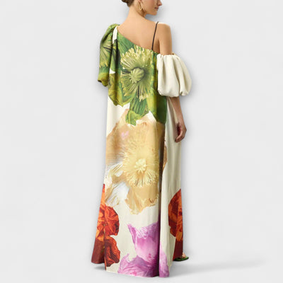 Skylar - Maxi Dress with Floral Print, Asymmetrical Neckline, and Puff Sleeves
