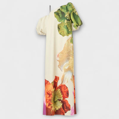 Skylar - Maxi Dress with Floral Print, Asymmetrical Neckline, and Puff Sleeves